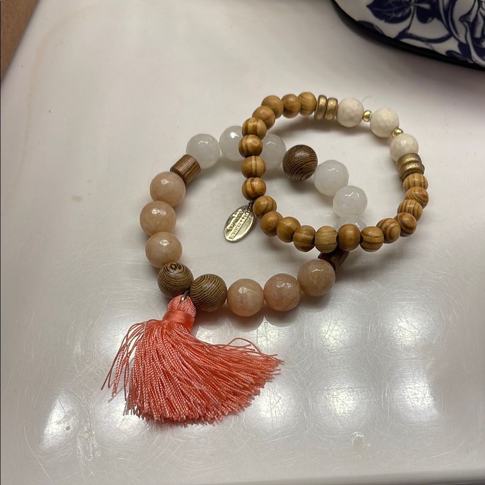 Beaded Bracelet Set with Tassel - Peach and Wood